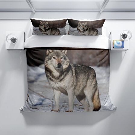 Cattleya Snowwolf 3D Temalı Pamuk Saten Çift Kişilik Nevresim Takımı
