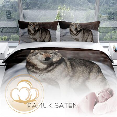 Cattleya Snowwolf 3D Temalı Pamuk Saten Çift Kişilik Nevresim Takımı