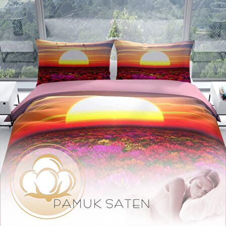 Cattleya Sunset 3D Temalı Pamuk Saten Çift Kişilik Nevresim Takımı