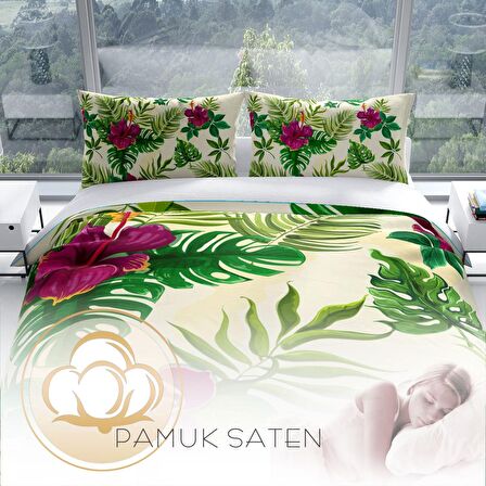 Cattleya Green 3D Temalı Pamuk Saten Çift Kişilik Nevresim Takımı