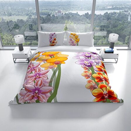 Cattleya Orchid 3D Temalı Pamuk Saten Çift Kişilik Nevresim Takımı