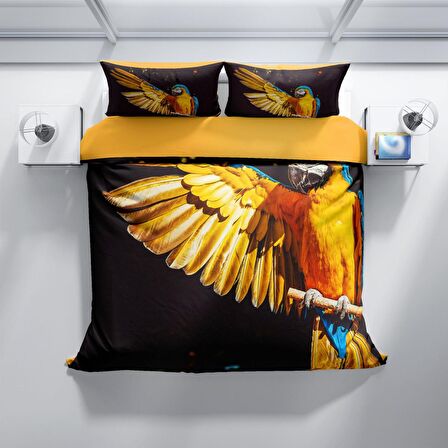 Cattleya Parrot 3D Temalı Pamuk Saten Çift Kişilik Nevresim Takımı