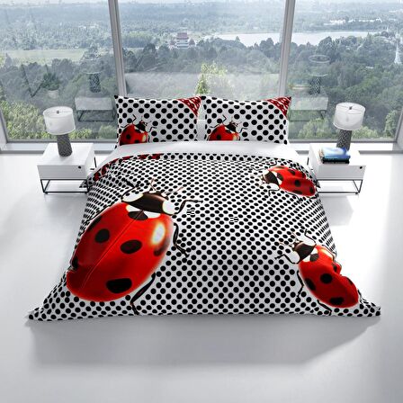 Monohome Perlasera Ladybug 3D Temalı Pamuk Saten Çift Kişilik Nevresim Takımı