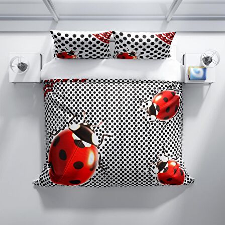 Monohome Perlasera Ladybug 3D Temalı Pamuk Saten Çift Kişilik Nevresim Takımı