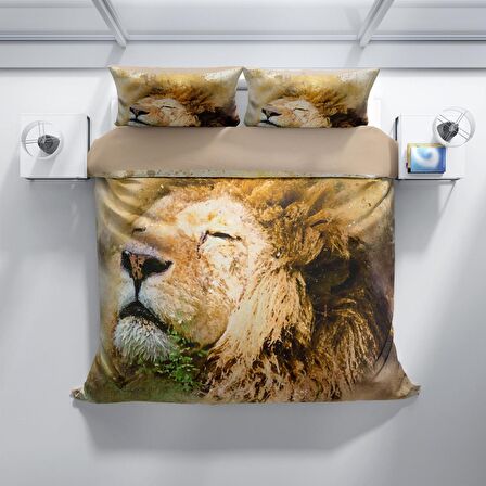 Monohome Perlasera Lion 3D Temalı Pamuk Saten Çift Kişilik Nevresim Takımı