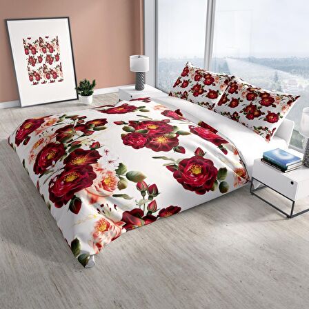 Monohome Perlasera Red Rose 3D Temalı Pamuk Saten Çift Kişilik Nevresim Takımı