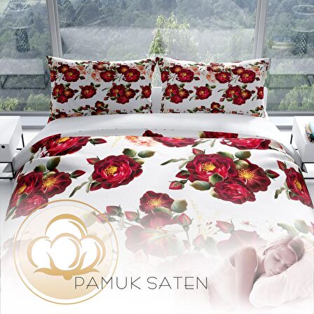 Monohome Perlasera Red Rose 3D Temalı Pamuk Saten Çift Kişilik Nevresim Takımı