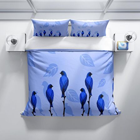 Monohome Perlasera Blue Bird 3D Temalı Pamuk Saten Çift Kişilik Nevresim Takımı