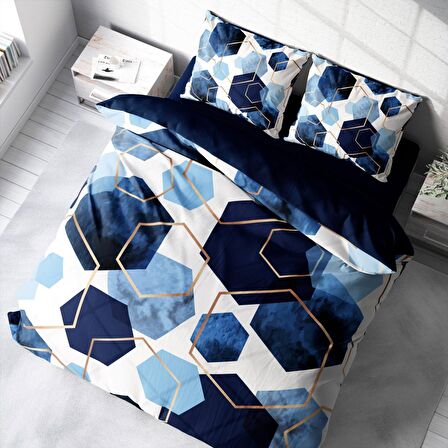 Monohome Blue Hexagon 3D Temalı Pamuk Saten Çift Kişilik Nevresim Takımı