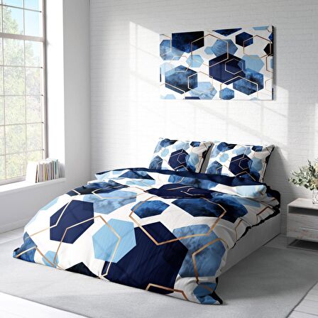 Monohome Blue Hexagon 3D Temalı Pamuk Saten Çift Kişilik Nevresim Takımı