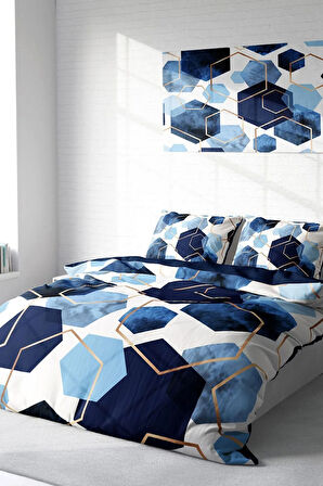 Nevresim Takımı %100 Doğal Pamuk Çift Kişilik 3d Digital Blue Hexagon