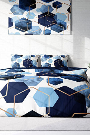 Nevresim Takımı %100 Doğal Pamuk Çift Kişilik 3d Digital Blue Hexagon