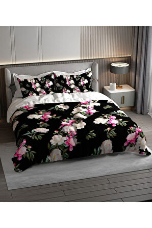 Nevresim Takımı %100 Doğal Pamuk Çift Kişilik 3d Digital Black Flower