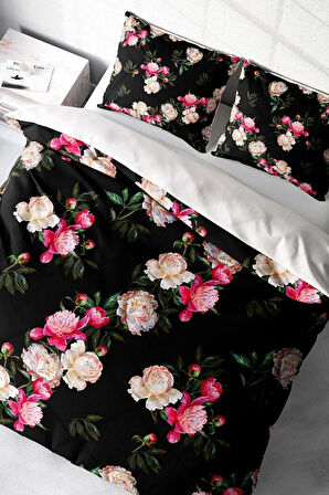 Nevresim Takımı %100 Doğal Pamuk Çift Kişilik 3d Digital Black Flower