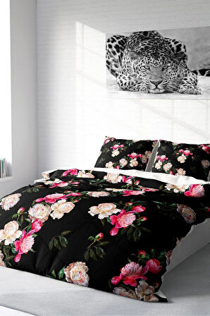 Nevresim Takımı %100 Doğal Pamuk Çift Kişilik 3d Digital Black Flower