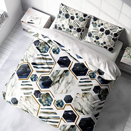 Monohome White Hexagon 3D Temalı Pamuk Saten Çift Kişilik Nevresim Takımı