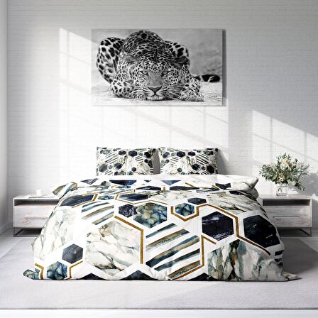 Monohome White Hexagon 3D Temalı Pamuk Saten Çift Kişilik Nevresim Takımı