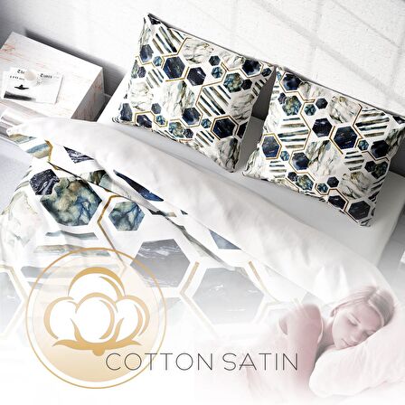 Monohome White Hexagon 3D Temalı Pamuk Saten Çift Kişilik Nevresim Takımı
