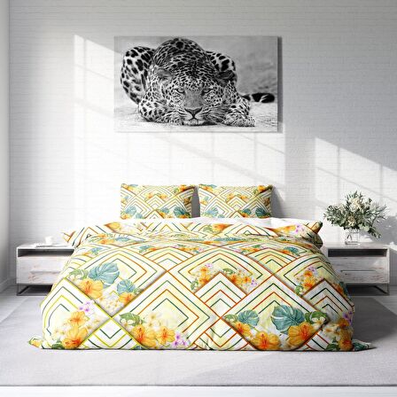 Monohome Flower Squares Çiçekli Pamuk Saten Çift Kişilik Nevresim Takımı