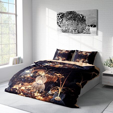 Monohome Brown Lotus 3D Temalı Pamuk Saten Çift Kişilik Nevresim Takımı