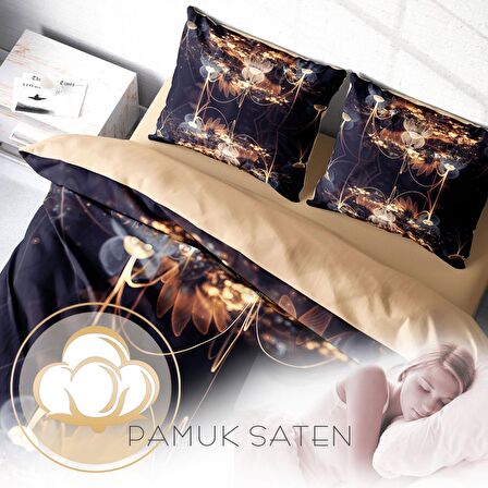 Monohome Brown Lotus 3D Temalı Pamuk Saten Çift Kişilik Nevresim Takımı