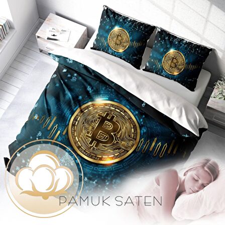Monohome Bitcoin 3D Temalı Pamuk Saten Çift Kişilik Nevresim Takımı