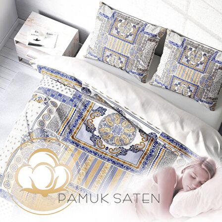 Monohome Blue Patchwork 3D Temalı Pamuk Saten Çift Kişilik Nevresim Takımı