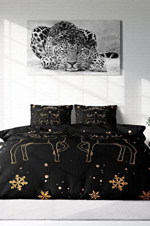Yılbaşı Nevresim Takım %100 Doğal Pamuk Merry Christmas Çift Kişilik Black Deer