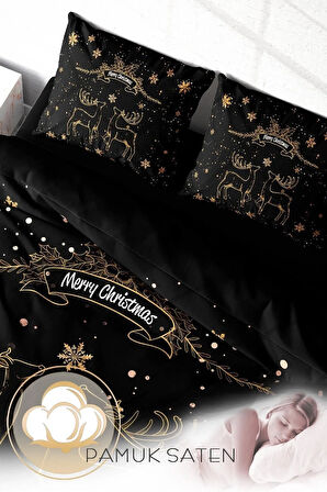 Yılbaşı Nevresim Takım %100 Doğal Pamuk Merry Christmas Çift Kişilik Black Deer