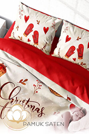 Yılbaşı Nevresim Takım %100 Doğal Pamuk Merry Christmas Çift Kişilik Glove