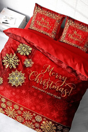 Yılbaşı Nevresim Takım %100 Doğal Pamuk Merry Christmas Çift Kişilik Merry Kırmızı