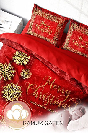 Yılbaşı Nevresim Takım %100 Doğal Pamuk Merry Christmas Çift Kişilik Merry Kırmızı