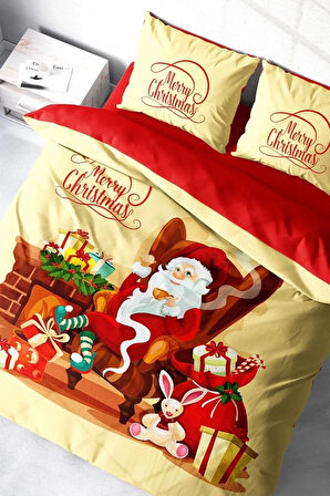 Yılbaşı Süsü Merry Christmas Çift Kişilik 3D Nevresim Takımı Pamuk Saten Noel Baba
