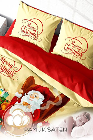 Yılbaşı Süsü Merry Christmas Çift Kişilik 3D Nevresim Takımı Pamuk Saten Noel Baba