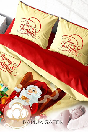 Yılbaşı Nevresim Takım %100 Doğal Pamuk Merry Christmas Çift Kişilik Noel Baba