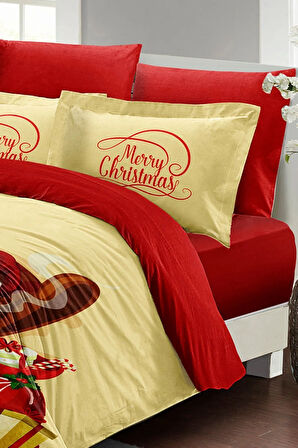 Yılbaşı Süsü Noel Baba Noel %100 Pamuk Saten 3d Çift Kişilik Nevresim Takımı