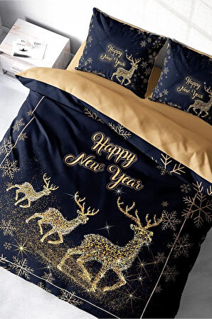 Yılbaşı Nevresim Takım %100 Doğal Pamuk Merry Christmas Çift Kişilik Geyik