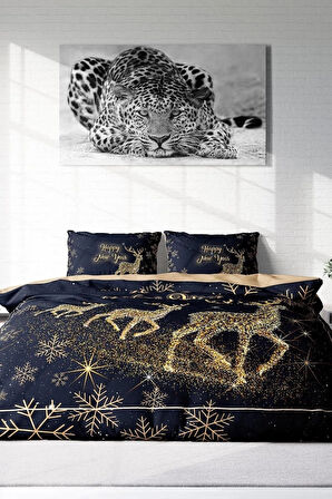 Yılbaşı Nevresim Takım %100 Doğal Pamuk Merry Christmas Çift Kişilik Geyik