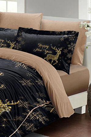 Yılbaşı Süsü Geyik Noel %100 Pamuk Saten 3d Çift Kişilik Nevresim Takımı