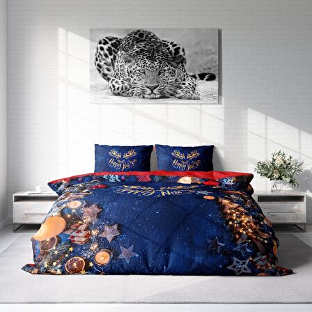 Monohome Merry Christmas Happy 3D Temalı Pamuk Saten Çift Kişilik Nevresim Takımı