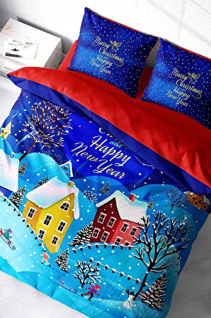 Yılbaşı Nevresim Takım %100 Doğal Pamuk Merry Christmas Çift Kişilik Snow