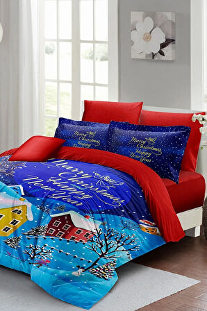 Yılbaşı Süsü Snow Noel %100 Pamuk Saten 3d Çift Kişilik Nevresim Takımı