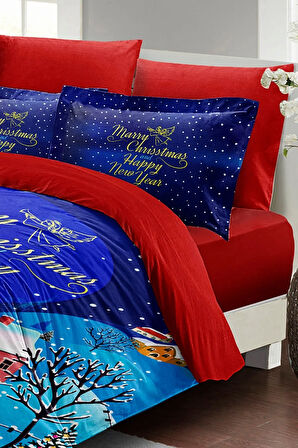 Yılbaşı Süsü Snow Noel %100 Pamuk Saten 3d Çift Kişilik Nevresim Takımı