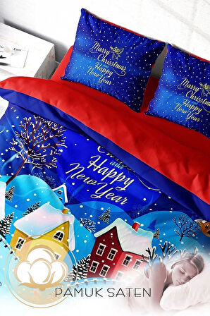 Yılbaşı Süsü Snow Noel %100 Pamuk Saten 3d Çift Kişilik Nevresim Takımı