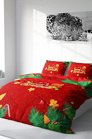 Yılbaşı Nevresim Takım %100 Doğal Pamuk Merry Christmas Çift Kişilik Cookie