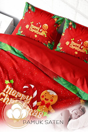 Yılbaşı Nevresim Takım %100 Doğal Pamuk Merry Christmas Çift Kişilik Cookie