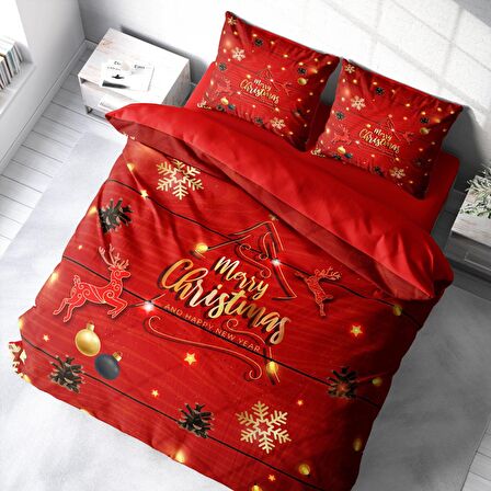 Monohome Merry Christmas Pine Tree Deers 3D Temalı Pamuk Saten Çift Kişilik Nevresim Takımı