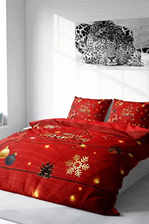 Yılbaşı Nevresim Takım %100 Doğal Pamuk Merry Christmas Çift Kişilik Cone
