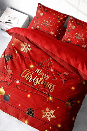 Yılbaşı Nevresim Takım %100 Doğal Pamuk Merry Christmas Çift Kişilik Cone