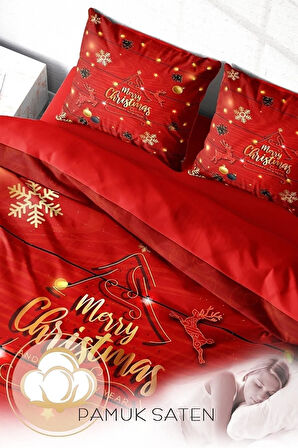 Yılbaşı Süsü Pine Tree Deers Noel %100 Pamuk Saten 3d Çift Kişilik Nevresim Takımı
